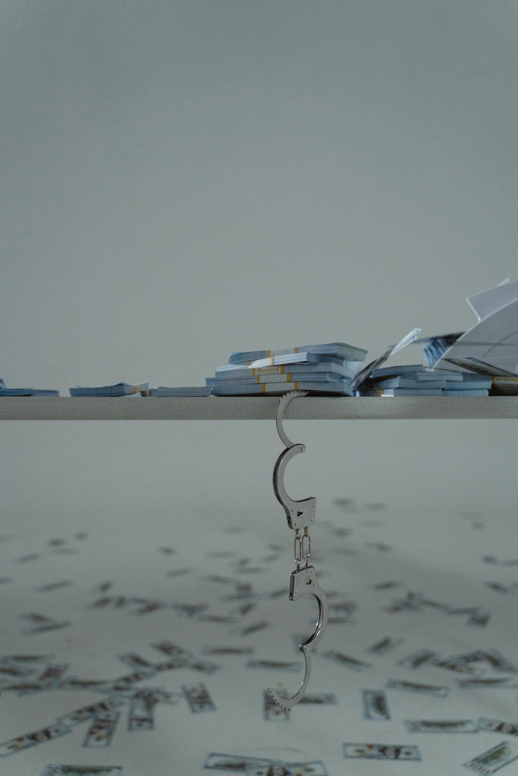 Bundled cash on table with handcuffs symbolizes financial crime.